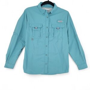 Columbia PFG Womens Fishing Shirt Small Blue Vented Omni Shade Outdoor